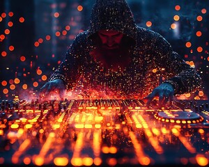 Aufkleber - futuristic electronic musician crafting digital sound waves morphing into glowing 3d forms