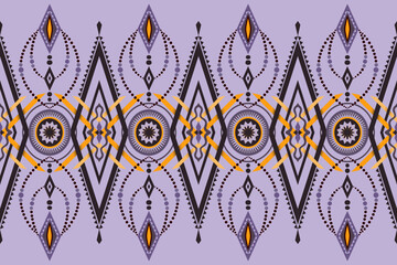 Wall Mural - Geometric Seamless Pattern with Tribal-Inspired Motifs in Purple, Yellow, and Black Hues, Featuring Symmetrical Shapes and Intricate Details for Textiles, Wallpapers, and Creative Design Projects