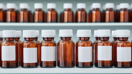 A neat row of amber glass bottles with white caps, arranged on a shelf, commonly used for storing pharmaceuticals or laboratory substances.