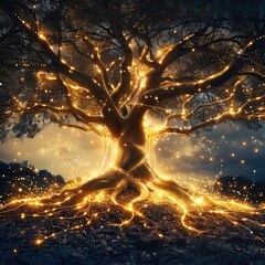 Poster - A majestic tree with glowing golden roots extending deep into the ground, symbolizing knowledge and growth. The branches reach upward with delicate.