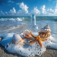 Aufkleber - The beach is covered with white sand and there are three seashells on the shore. There is a bottle lying next to one of the starfish. In the background is a blue sky with white clouds.