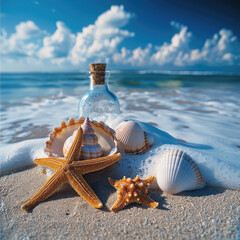 Aufkleber - The beach is covered with white sand and there are three seashells on the shore. There is a bottle lying next to one of the starfish. In the background is a blue sky with white clouds.