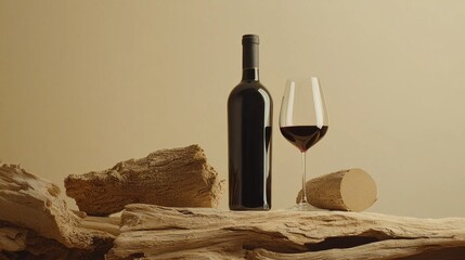 Poster - A striking bottle of deep red wine stands alongside a beautifully shaped glass, both displayed on a textured wooden base, evoking a cozy and sophisticated atmosphere perfect for leisurely evenings