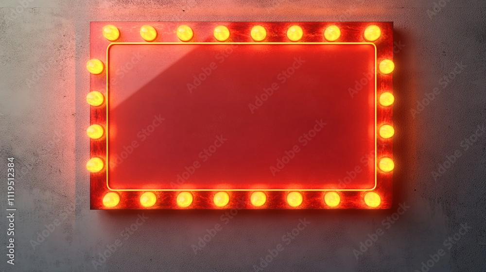 Red sign with a black border and yellow lights. The sign is empty and ...