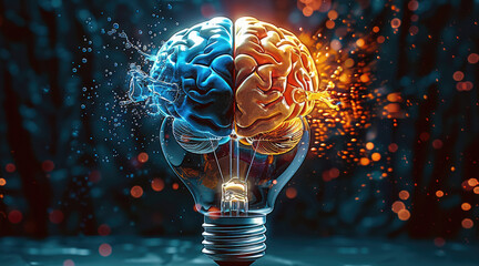 Aufkleber - A modern illustration of a light bulb containing a brain, left hemisphere blue for analytical thought, right orange for creativity, colorful paint splashes outside.