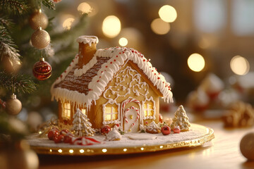 Close up view of gingerbread house on the background of Christmas tree. Xmas tradition