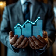 Poster - Business Leader Presenting Glowing Holographic Sales Chart to Showcase Innovative Ideas Driving Revenue and Market Growth