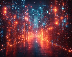 Poster - Dazzling Futuristic Cityscape with Digital Data Streams Symbolizing Innovation Driven Economy