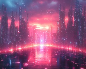 Poster - Futuristic Cityscape with Glowing Digital Data Streams Symbolizing Innovation Driven Economy