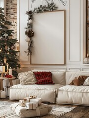 Aufkleber - A blank mockup frame in a living room with Christmas decor.