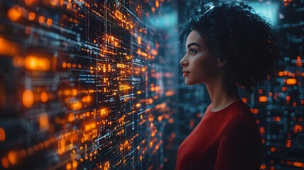 Poster - business strategist visualizing futuristic growth scenarios with glowing data streams