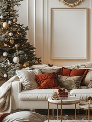 Aufkleber - A blank mockup frame in a living room with Christmas decor.