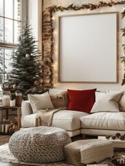 Aufkleber - A blank mockup frame in a living room with Christmas decor.