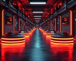 Poster - Futuristic Warehouse with Drones and Robots Fulfilling Orders Business Leaders Monitoring Holographic Dashboards