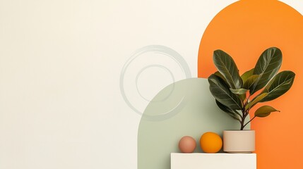 Poster - Decorative arrangement of a plant and fruits against a colorful wall backdrop in a modern interior space