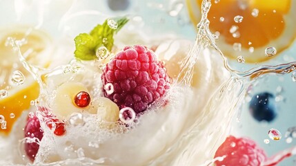 Poster - Fresh raspberries, grapes, lemon and mint leaves splashing in water