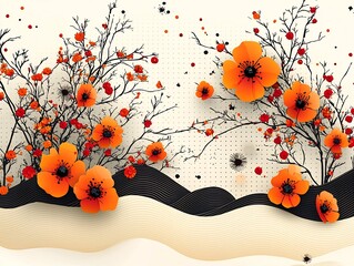 Poster - Soft Pastel Thai Inspired Minimalist Floral and Wave Background for Versatile Branding and Design