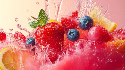 Poster - Strawberries, blueberries, raspberries and lemon slices splashing into pink fruit juice