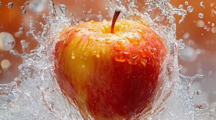 Poster - Fresh red apple splashing in water with drops