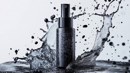 Aufkleber - Black perfume bottle emerging from water splash on white background