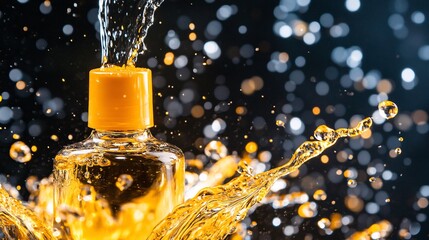 Poster - Water splashing on a transparent bottle with orange cap on black background with bokeh