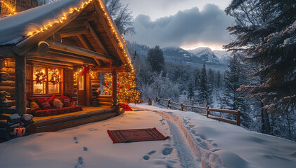 Poster - A cozy log cabin decorated with Christmas lights and ornaments, surrounded by snow in the mountains.