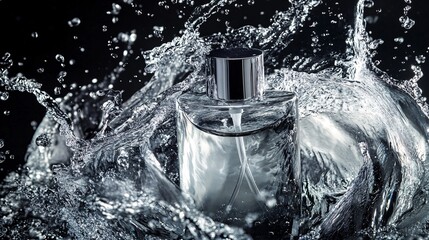 Aufkleber - Perfume bottle splashing in water on black background