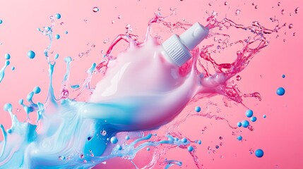 Aufkleber - White plastic spray bottle surrounded by splashing pink and light blue liquid on pink background
