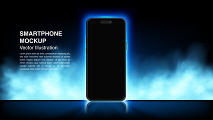 Poster - Smartphone Mockup Screen Banner and Background: High-Tech Mobile Display with Light and Smog Effects – Perfect for Leaflets, Brochures, and Website Banners. Vector Illustration.