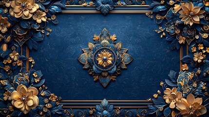 Poster - Richly Ornate Golden Thai Temple Motif on Royal Blue Background for Opulent Atmosphere