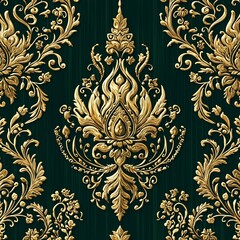 Poster - Luxurious Thai Flame Design with Floral Accents on Deep Emerald Green Background