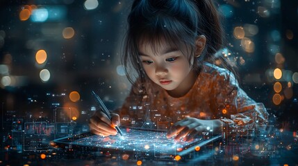 Poster - Young Girl Unlocking Educational Progress with Digital Tablet and Holographic Analytics
