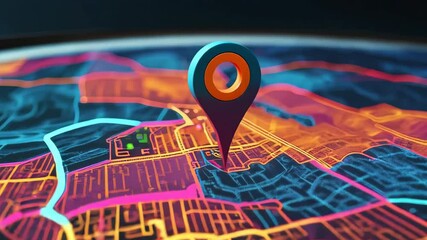 Poster - Blue and orange location pin icon smoothly moves forward over a stylized map with bright orange, pink, blue and green lines on a dark blue background