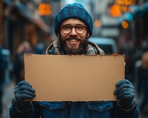 Poster - Delivery Worker Holding a Blank Cardboard Sign in Front of a Truck Ideal for Advertising Logistics E commerce or Delivery Services