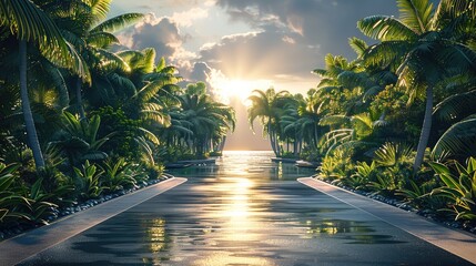 Aufkleber - A stunning approach road framed by lush tropical plants floating on water and tall majestic.