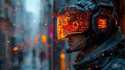 Poster - Futuristic Gamer Customizing Holographic Character with Glowing Armor and Weapons in 3D Space