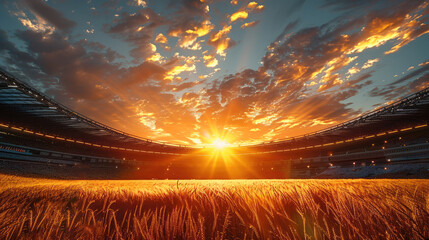 Wall Mural - During the stadium ceremony, at sunset, in the middle of the stadium a big projection of wheat field and golden light.