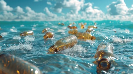 Poster - Lot of plastic dirty and crumpled bottles and other garbage lying horizontally floating above sea level. Against the blue sea, sky and white clouds.