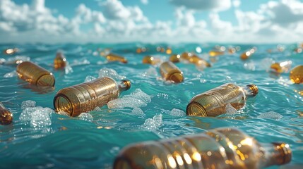 Poster - Lot of plastic dirty and crumpled bottles and other garbage lying horizontally floating above sea level. Against the blue sea, sky and white clouds.