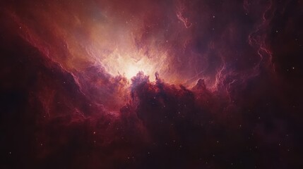 a vibrant nebula with swirling clouds of red and orange gas and dust, illuminated by a bright centra