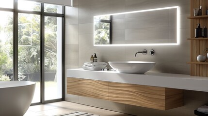Aufkleber - A modern bathroom with light wood and grey accents, featuring an elegant floating sink that blends seamlessly into the minimalistic design of its space.