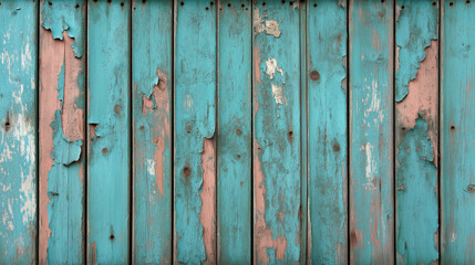 Wall Mural - Weathered turquoise wooden planks with peeling paint texture