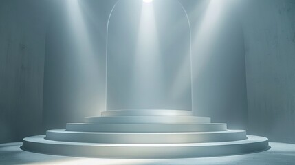Poster - A pure white, minimalist podium and background. Design an empty, white minimalist space with a spotlit podium. Make the podium with four platforms, each at a different height.