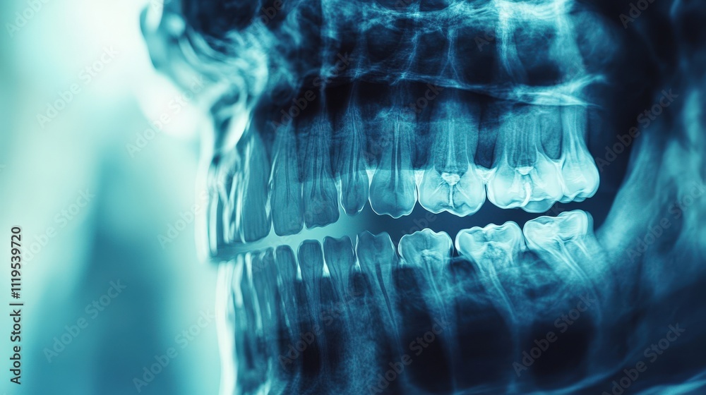 An X-ray image showing a detailed view of a human jaw and teeth ...