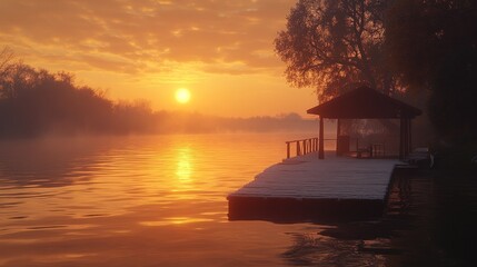 Poster - Misty sunrise over river, snow-covered dock, gazebo.