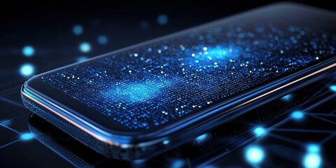 Poster - A sleek smartphone displays a starry digital interface, highlighting advanced technology and connectivity amidst a cosmic backdrop.