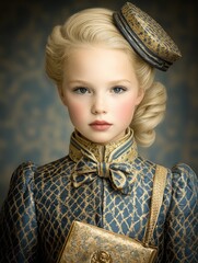 A portrait of a young girl in an ornate blue and gold Victorian outfit with intricate patterns, a matching hat, and soft curls, exuding timeless elegance and classic refinement.