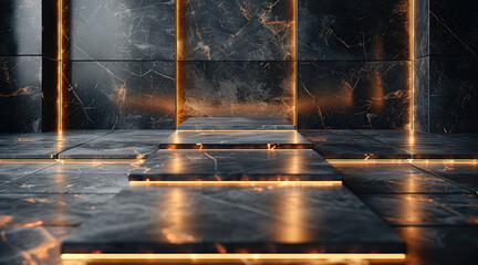 Poster - A luxurious living room decor, futuristic, backlit black square tiles with golden rims on the wall.