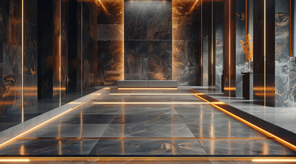 Poster - A luxurious living room decor, futuristic, backlit black square tiles with golden rims on the wall.