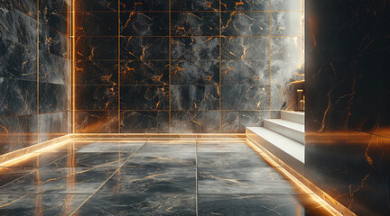 Poster - A luxurious living room decor, futuristic, backlit black square tiles with golden rims on the wall.